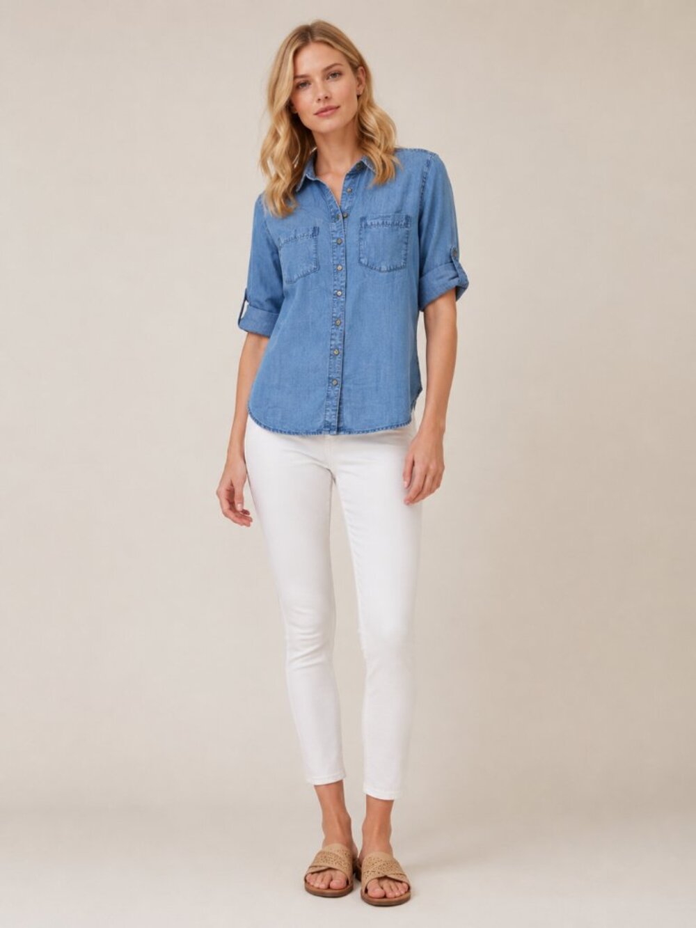 2/$30 Chico's Chambray Button-Down Trucker Shirt Medium Wash 4 #A4208